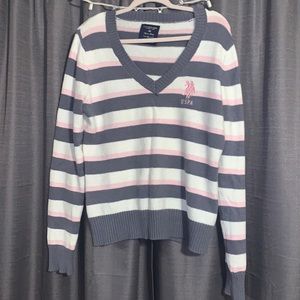 Beautiful womens XL US Polo v neck sweater in grey pink and white